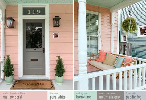 Our Beach House | Young House Love Sherwin Williams Mellow Coral Paint SW Pure White paint on trim Pink House Exterior, Exterior Beach House, Coral House, Beach House Colors, White Exterior Houses, House Front Porch, Beach House Exterior, Exterior House Color, Young House