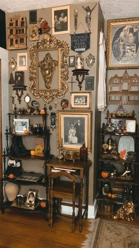 Elizabeth Prall (@macabre.heart) • Instagram photos and videos Whimsigoth Halloween Decor, Goth Maximalist Bedroom, Maximalist Goth Decor, Maximalist Halloween, Learning Witchcraft, Garage Halloween Party, Dark Maximalist, Moody Maximalist, Goth Apartment