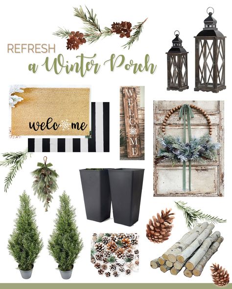 Items to Refresh a Winter Porch #curlycraftymom #winterfrontporch #winterporch #januaryporchrefresh #porchrefresh #januaryporch #porchdecoritems #winterporchdecoritems Front Porch Curb Appeal, Winter Front Porch, Blue Butterfly Tattoo, Crafty Mom, Winter Porch, Outdoor Trees, Wooden Porch, Large Lanterns, Travel Mirror