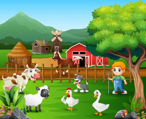 Cartoon of a farmer at his farm with a bunch of farm animals Premium Vector Guessing Games For Kids, Farm With Animals, Farm Animals Pictures, Farm Cartoon, Farm Vector, Farm Scenes, Farm Pictures, Animal Art Projects, Picture Composition