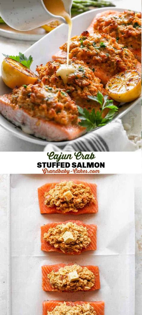 Crab Salmon Recipes, Seafood Stuffed Fish, Salmon Topped With Crab Meat, Salmon Stuffed With Crab And Shrimp, Salmon Crab Recipes, Crab Topped Salmon, Seafood Stuffed Salmon Recipes, Salmon With Crab Meat On Top, Salmon And Crab Recipes