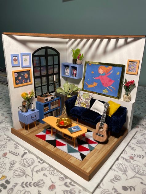 Miniature Music Room, Miniature Model House, Mini Room Craft, Cute Diorama, Diaroma Ideas Projects, Diorama Bedroom, Diorama House, Bedroom Diorama, Room Diorama