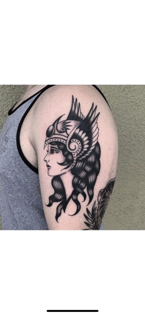 Viking Valkyrie Tattoo, Valkyrie Pinup Tattoo, Valkyrie Traditional Tattoo, Athena Tattoo Traditional, Goddess Tattoo Traditional, Viking Lady Tattoo, Traditional Athena Tattoo, Greek Mythology Tattoos Traditional, Viking Traditional Tattoo