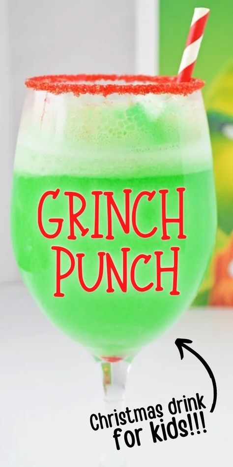 The Grinch Snacks For Kids, Christmas Punch Kid Friendly, Grape Grinch Snacks, Grinch Christmas Punch Recipes, Grinch Party Drinks, Kid Friendly Nye Drinks, Grinch Mocktail For Kids, Grinch Non Alcoholic Drinks, Christmas Kid Drinks Fun