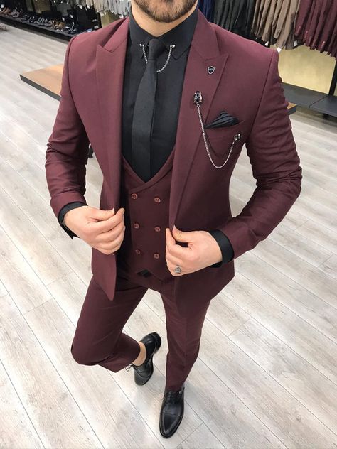 Burgundy Suit Men, Terno Slim Fit, Burgundy Trousers, Maroon Suit, Mens 3 Piece Suits, Gym Wear Men, Slim Fit Suit Men, Formal Fashion, Burgundy Suit