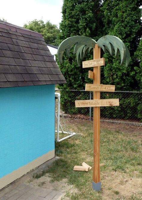 Palm Tree / Tiki Sign Tiki Pool Ideas, Wood Palm Tree, Tropical Pool Decor, Wiki Tiki, Tropical Locations, Swimming Pool Signs, Tiki Signs, Tiki Decor, Tiki Bar Decor