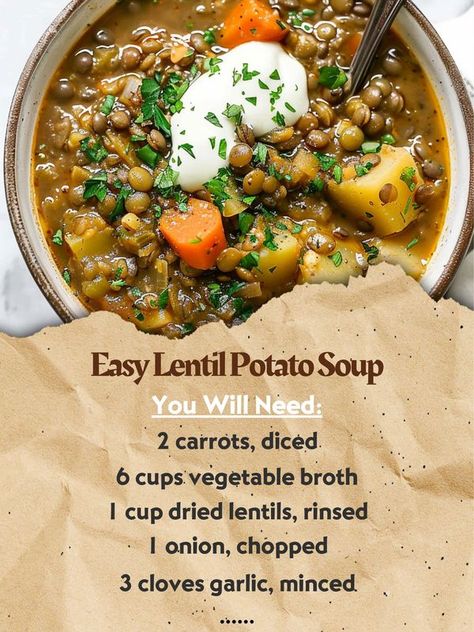 Quick Recipes | Easy Lentil Potato Soup | Facebook Lentil And Potato Soup, Lentil And Potato, Lentil Potato, Lentil Potato Soup, Dried Lentils, Potatoes Carrots, Aromatic Herbs, Lentil Soup, Potato Soup