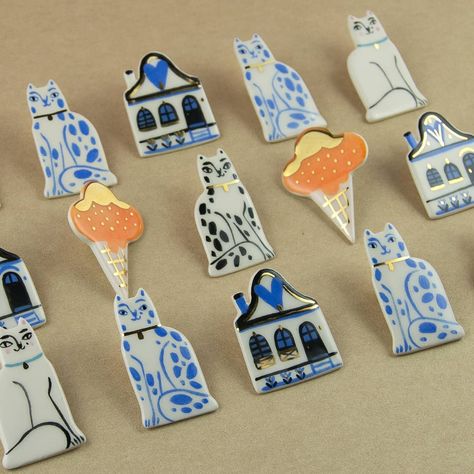 Sad to leave Netherlands soon, but always happy to go back to my studio . . . #ceramic #ceramiclife #clay #claylove #brooches #brooch #porcelain #jewelry #pin #catpin #housepin #icecreampin #etsy #etsyseller #smallbrands #smallbusiness #shop #ceramicsstudio #blue Wedding Brooches, Cat Lady Gift, Ceramic Earring, Wedding Brooch, Earthenware Clay, Porcelain Jewelry, Cat Brooch, Cat Jewelry, Blue Cats