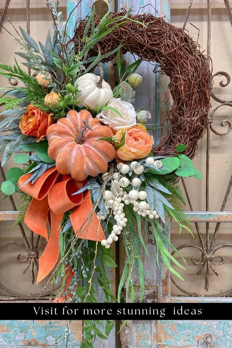 Thanksgiving Wreath Ideas Sunflowers Crafts, Autumn Wreath Ideas, Thanksgiving Wreath Ideas, Fall Decor Wreaths, Floral Door Wreaths, Fall Decor Diy Crafts, Fall Thanksgiving Wreaths, Fall Grapevine Wreaths, Autumn Wreaths For Front Door