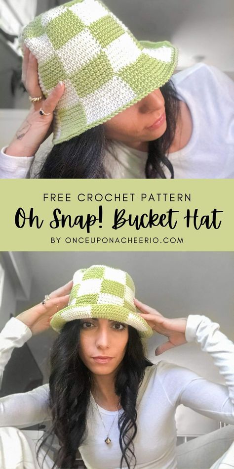 Make this crochet checkered bucket hat with this free crochet pattern! Get ready for spring/summer with this easy beginner friendly crochet pattern! Checkered Bucket Hat, Crochet Checkered, Pola Topi, Mode Crochet, Crochet Hat Free, Oh Snap, Crochet Design Pattern, Crochet Hats Free Pattern, Crochet Bucket Hat