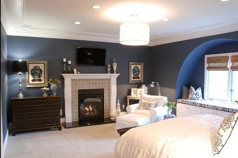 Delorme Designs: ANOTHER FAVOURITE COLOUR- EVENING DOVE Bm Evening Dove, Hollywood Living Room, Navy Blue Bedrooms, Bedroom Fireplace, Favorite Paint Colors, Wall Paint Colors, Traditional Bedroom, Grey Carpet, Updating House