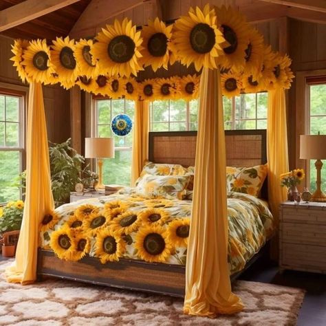 Sunflower Bed, Crochet Bedroom, Sunflower Things, Sunflower Bedroom, Furniture Names, Sunflower Room, Sunflower Aesthetic, Cottage Core House, Bedroom Furniture Ideas