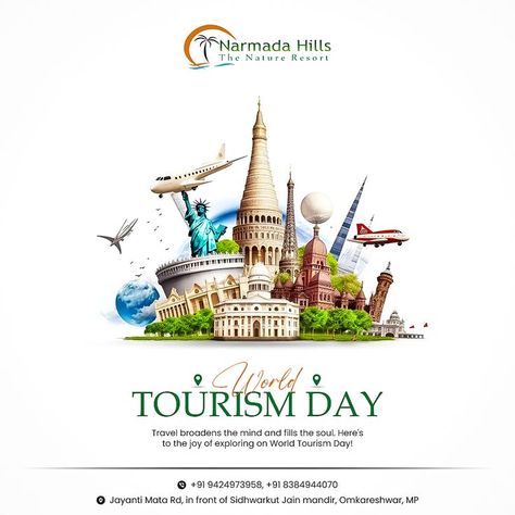 Tourism: Where dreams meet destinations. Cheers to #WorldTourismDay! For Reservations : 📞 : +91 9424973958 🌐 : narmadahillsresorts.com 📍 : Jayanti mata road, Omkareshwar, MP #narmada #narmadahills #omkareshwarresort #resort #WorldTourismDay #TravelGoals #ExploreTheWorld #TravelAdventures #DiscoverNewPlaces #TravelInspiration #AdventureAwaits #TourismDay #travel #tourism #explore Tourism Day Creative Ads, World Tourism Day Creative, World Tourism Day, Glass Hardware, Travel Creative, International Tourism, Tourism Day, Hills Resort, Business Card Design Creative