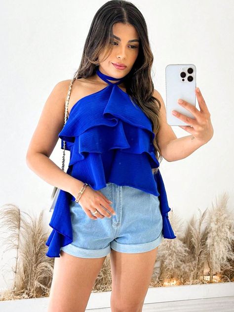 Azul Royal Casual Collar Sem Mangas    Embellished Elasticidade Baixa Todos Looks Chic, Blue Blouse, Women Clothing, Womens Tees, Blouses For Women, Chiffon, Womens Tops, Collar, Clothes For Women