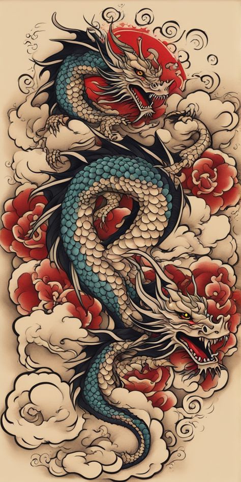 Un vibrante tatuaje de dragón, estilo japonés, ilustrado sobre un lienzo en blanco. Los colores brillantes del dragón aportan vida y energía a la pieza. Dragon Chino Tattoo, Tattoo Koi, Dragon Chino, Dragon Tattoo Art, Tato Lengan, Tattoo Color, Clothing Diy, Japanese Dragon, Dragon Tattoo