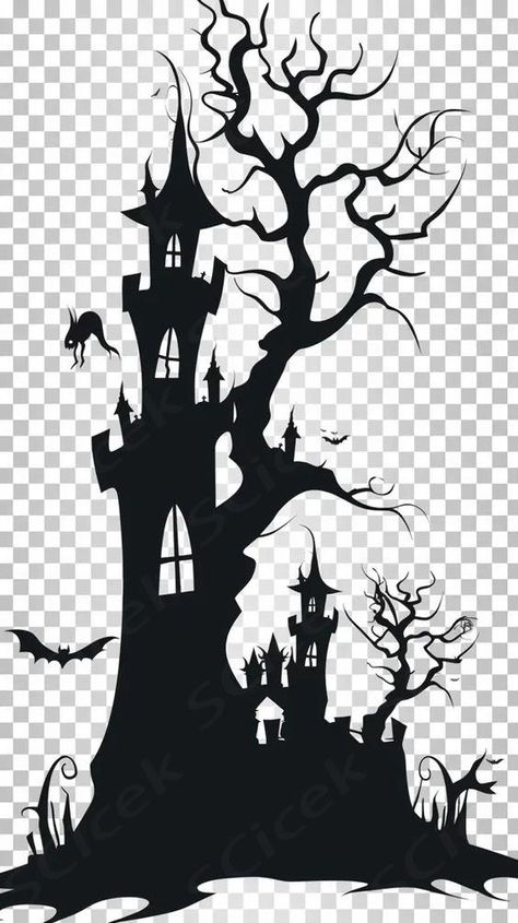 Haunted House Silhouette Art, Haunted Tree Silhouette, Halloween Silhouette Art, Haunted House Silhouette, House In Forest, Forest Halloween, Halloween Projector, Forest Svg, Haunted Tree