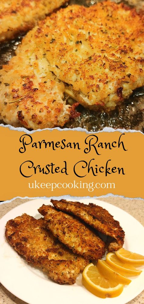 Parmesan Ranch Crusted Chicken, Homemade Garlic Ranch Dressing, Ranch Crusted Chicken, Breaded Ranch Chicken, Parmesan Ranch Chicken, Ranch Parmesan Chicken, Ranch Dressing Chicken, Parmesan Ranch, Panko Crusted Chicken