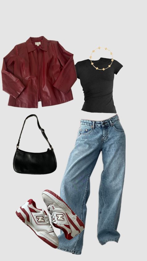 i want a red leather jacket so bad #outfitinspo Night Downtown Outfit, Outfit With A Leather Jacket, Going Out Leather Jacket Outfit, All Too Well Aesthetic Outfit, Red Fall Aesthetic Outfit, Red Jacket Leather Outfit, Small Leather Jacket Outfit, Outfit With Red Leather Jacket, Fits With Leather Jackets