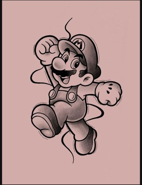 Mario Character Tattoos, Super Mario Tattoo Design, Mario Tattoo Design, Super Mario Tattoo, Mario Tattoo, Super Mario Coloring Pages, Brother Tattoos, Tattoo Shading, Cool Tattoo Drawings