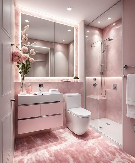 Bedroom Ideas With Bathroom, Pink Washroom, Pink Bathroom Ideas Decor, Soft Pink Bathroom, First House Aesthetic, Bedroom Bathroom Ideas, Teen Bathroom Ideas, Small Bathroom Ideas Pink, Decor Ideas For Living Room