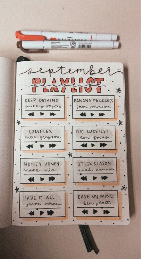 October Playlist Bullet Journal, Playlist Drawing Aesthetic, Bullet Journals For Beginners Ideas, Fall Journal Ideas Aesthetic, Bujo Pages Ideas 2023, Dot Notebook Ideas, Kpop Notebook Ideas, My Playlist Journal, Playlist Journal Ideas