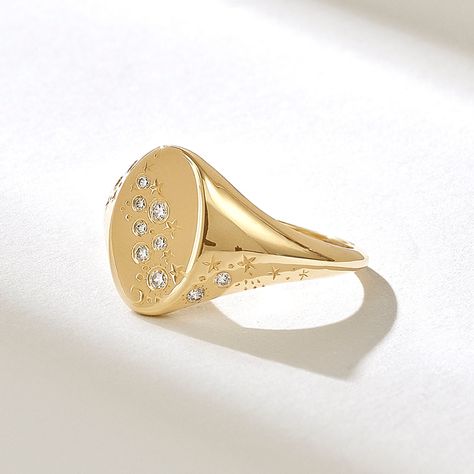 Signet Rings Women Vintage Diamond, Unique Signet Ring, Moon Constellation, Celestial Inspiration, Pinky Rings For Women, Constellation Design, Pinky Signet Ring, Constellation Ring, Signet Rings Women