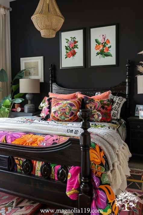 Get inspired by eclectic black bedroom ideas with bold mixes. This pin highlights black bedding, colorful throw pillows, and unique decor elements like eclectic artwork and vintage finds to create a vibrant and personalized space. Visit our website for 20 additional ideas! Click now! Boho Bedroom Black, Black Boho Bedroom, Boho Glam Bedroom, Eclectic Bedding, Modern Black Bedroom, Black Bedroom Ideas, Black And Grey Bedroom, Boho Bedroom Inspirations, Boho Bedrooms