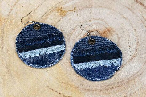 Thrifty Crafts, Denim Earrings, Denim Scraps, Boho Denim, Homemade Earrings, Easy Jewelry, Denim Diy, Boho Diy, Upcycled Jewelry