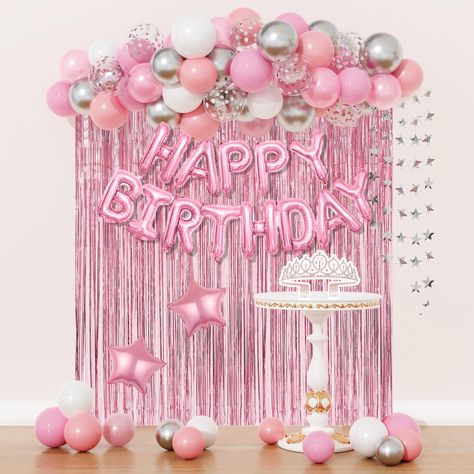 PRICES MAY VARY. Pink Birthday Decorations: Our fancy pink party decorations set include 1 pcs rose gold crown, 2 pcs pink foil fringe curtains, 4 pcs 10"foil star balloons, 13 pcs pink happy birthday foil balloons, 6 pcs 12"pink/silver confetti balloon, 29 pcs 10"white/light pink/baby pink balloons, 5 pcs 10"pearlescent light pink balloons, 8 pcs 10"metallic silver balloons, 1 pcs silver star garland and 4 pcs balloon tools Elegant Birthday Decorations for Women Girls: Step into a world of eleg Birthday Party Pink Decorations, Pink Glitter Party Decorations, Cute Birthday Decorations, Champagne Balloon, Pink Birthday Theme, Balloon Crown, Pink Birthday Decorations, Birthday Decorations For Women, Silver Decorations