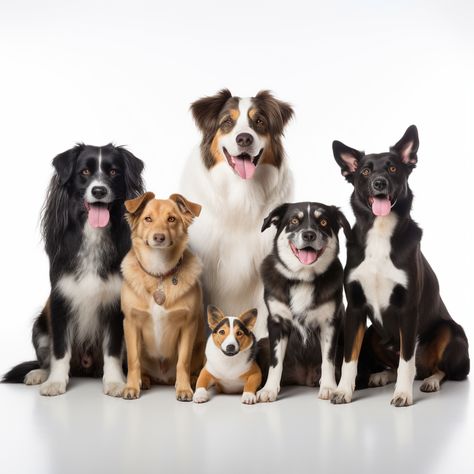 AI art, digital art of a group of dogs of different size, colours and breeds sitting together facing forward. Animal Photography Dogs, Animal Photoshoot, Dog School, Multiple Dogs, Dogs Breeds, Dog Photoshoot, Group Of Dogs, Allah Photo, Acrylic Painting For Beginners