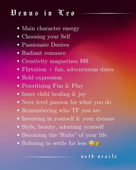 ❤️‍🔥 Venus in Leo Ooooh baby. A new Venus cycle begins tomorrow... that is initiating us to new levels of BAD N BOUGIE. Goddess of Abundance planet Venus meets passionate and prideful Leo. - Main character energy is being activated - Passions and desires are amping up - Standards are raising - And we refuse to settle for less than what our sacred Hearts truly desire. 💅🏾 ❤️‍🔥 👑 Mercury is in Leo as well, indicating that our communication, perception and mindsets are becoming more optimi... Mercury Leo, Leo Venus Aesthetic, Leo Mercury, Venus Leo, Glenda The Good Witch, Venus In Leo, Bad And Bougie, Astro Tarot, Main Character Energy