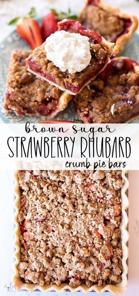 Strawberry Rhubarb Crumb Bars begins with a flaky pie crust, fresh strawberry rhubarb pie filling, and a dutch crumb topping. Rhubarb Pie Filling, Strawberry Rhubarb Pie Filling, Rhubarb Desserts Recipes, Strawberry Rhubarb Recipes, Best Rhubarb Recipes, Rhubarb Recipes Pie, Favorite Pie Recipes, Crumb Bars, Rhubarb Desserts