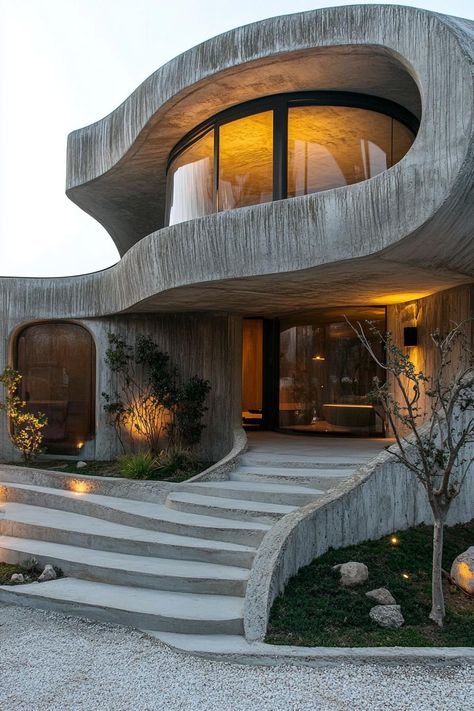 Organic architecture round concrete modern house. Discover how organic architecture harmoniously blends homes with nature while offering stunning designs and sustainable living. Organic Building Architecture, Unique Architecture House, Organic Architecture House, Concrete Modern House, Minimal Modern Decor, Circle House, Interesting Architecture, Organic Structure, Concrete Home