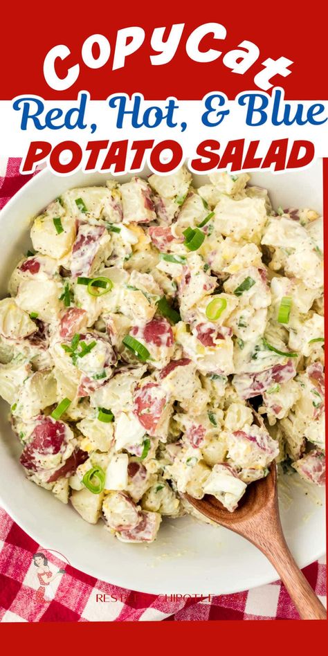 This easy copycat Red Hot and Blue potato salad goes together in less than 30 minutes and you can serve it warm or chilled. It's the perfect summer side dish for your grilled meats and spicy bbq! Red Hot Blue Potato Salad, Red Hot And Blue Potato Salad Recipes, Red White Blue Potato Salad, Red White And Blue Potato Salad, Red Hot And Blue Potato Salad, Potatoe Salad Red Potatoes, Summer Potato Recipes, Hot Potato Salad Recipe, Hot Potato Salad