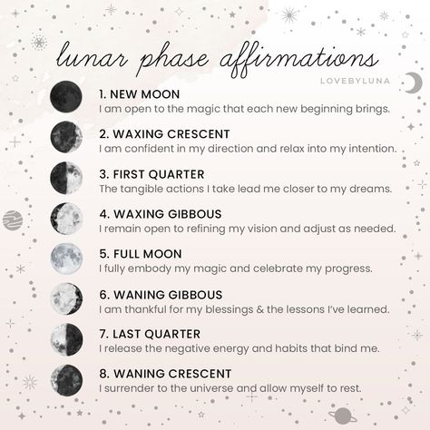 Love By Luna® on Instagram: “LUNAR PHASE AFFIRMATIONS 🌙 each of the lunar phases reflects a special moment in time, and carries a specific energy. tracking the moon’s…” Moon Phase Chart, Women Affirmations, Lunar Witch, Quotes Money, Lunar Moon, Lunar Phases, Positivity Quotes, Moon Journal, Witch Spirituality