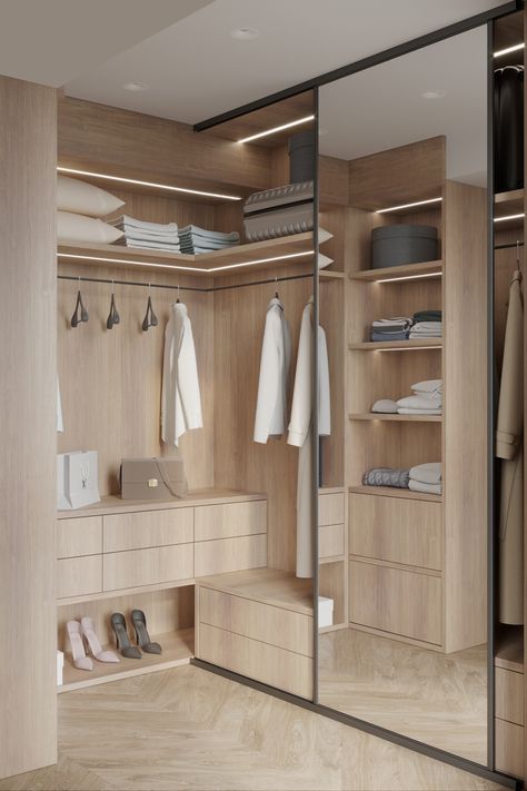 Corner Wall Wardrobe Ideas, Narrow Deep Closet, Japandi Walk In Closet, L Shape Closet Ideas Walk In, Walk In Closet Corner Ideas, Bali Wardrobe, Walk In Wardrobe Ideas, Corner Wardrobe Closet, Retro Closet