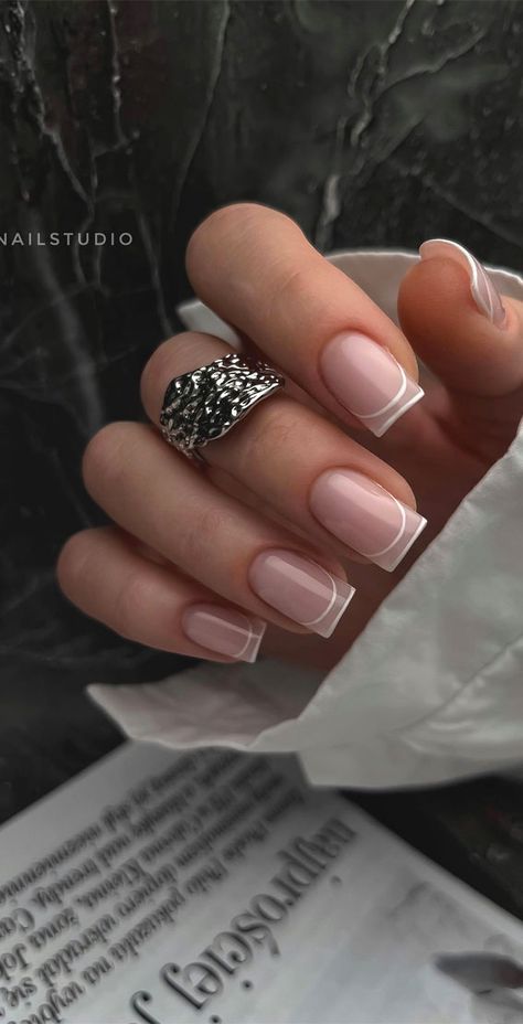 simple french tips, french tip nails, french manicure, modern french tips, french nails, french colored tips Double French Nails, Retro Nails, Hello Nails, Subtle Nails, Minimal Nails, Blush Nails, Manicure Nails, Nails 2023, Nails Manicure