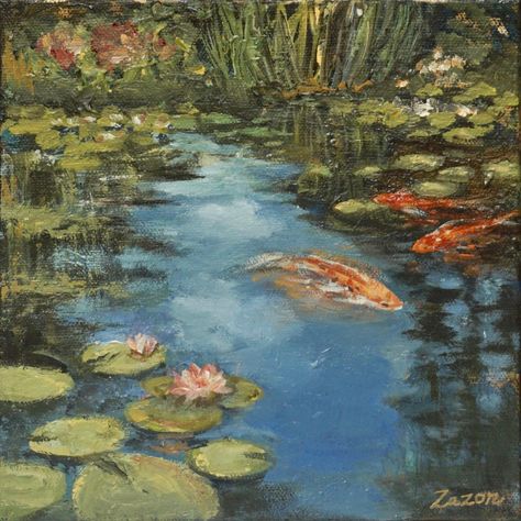 Nature Paintings Aesthetic, Love In Art Painting, Cottagecore Acrylic Painting, Pond Painting Acrylic, Painting Inspiration Aesthetic, Old Art Aesthetic, Pond Paintings, Koi Pond Painting, Acrylic Painting Aesthetic