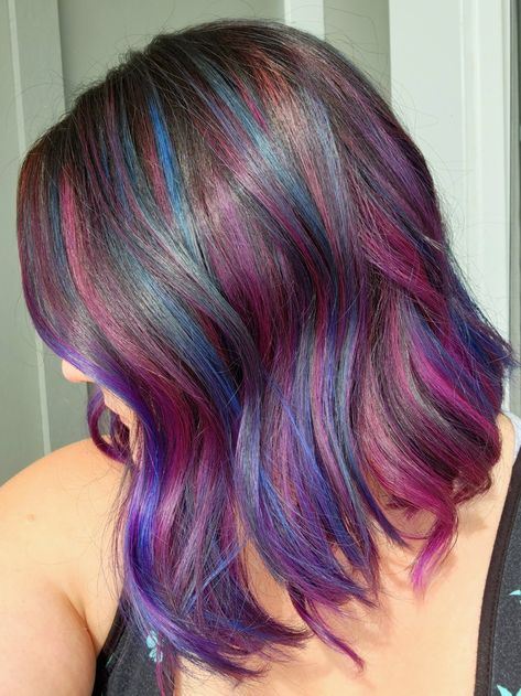 Burgundy Purple And Blue Hair, Brown Hair With Pink And Purple Highlights, Pink Purple Hair Streaks, Blue Purple Brown Hair, Blue And Pink Highlights In Brown Hair, Vivid Hair Extensions, Vibrant Hair Highlights, Vivid Balayage Short Hair, Purple And Pink Hair Short