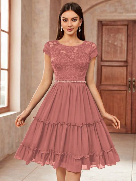 Dusty Pink Elegant Collar Cap Sleeve Lace Plain A Line Embellished Slight Stretch  Weddings & Events Cocktail Dresses For Weddings, Formal Dance Dresses, Modest Homecoming Dresses, Sequin Belt, Pretty Lace Dresses, Women Prom Dresses, Simple Frock Design, Semi Formal Wedding, Formal Wedding Guest Dress