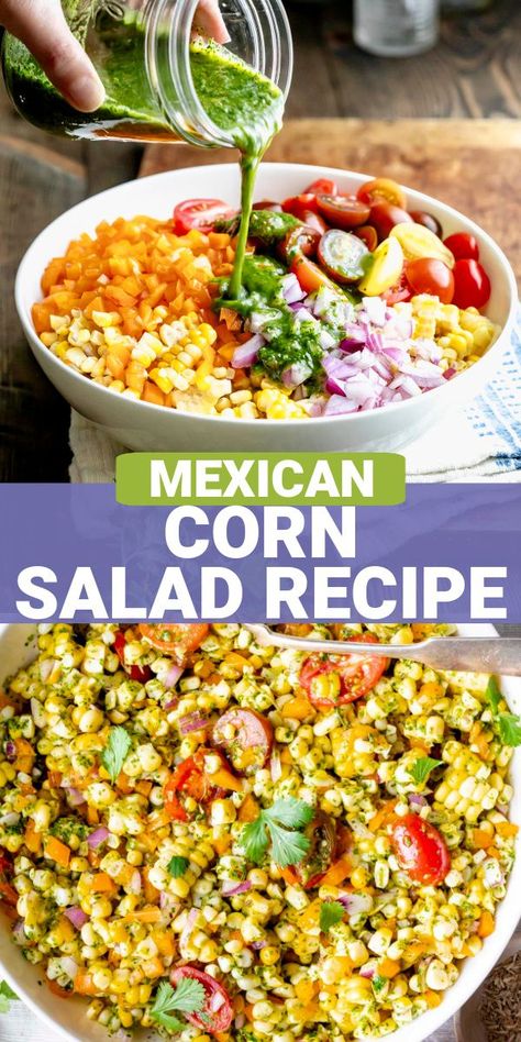 Flavorful, colorful and packed with fresh veggies our Mexican-inspired Corn Salad with Jalapeño and Cilantro Dressing recipe is the ultimate healthy summer side dish. Serve as an easy summer salad with your favorite Mexican food recipes! Serve it for your next barbecue or potluck party. It is also a great make-ahead option. You'll love the jalapeno, cilantro and cumin seed dressing tossed with sweet corn and juicy tomatoes! Cilantro Dressing Recipe, Easy Summer Salad, Fresh Corn Salad, Mexican Corn Salad, Mexican Side Dishes, Mexican Salads, Traditional Mexican Food, Mexican Street Corn Salad, Cilantro Dressing