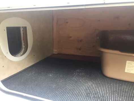 6 RV Cat Litter Box Storage Ideas : Travels with Ted Travel Litter Box Ideas, Camper Litter Box Ideas, Diy Cat Litter Box Ideas Tote, Litter Box In Camper, Skoolie Cat Litter, Cat Litter Box In Rv, Camper Cat, Rv Cat, Rv Pet