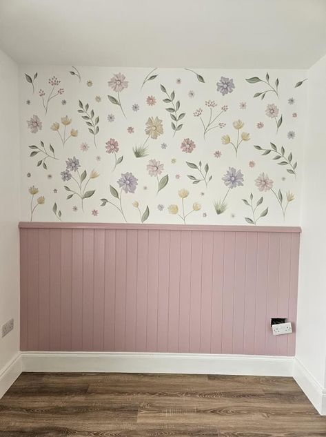 Nursery Ideas Paneling, Painting Bottom Half Of Wall, Half Wallpaper Half Paint Nursery, Toddler Wall Paint Ideas, Toddler Girl Wallpaper Bedroom, Panelling Girls Bedroom, Kids Bedroom Panelling, Toddler Girl Bedroom Wallpaper, Flower Toddler Room