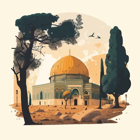 Al Aqsa Mosque Drawing, Mosque Drawing, Isra Miraj, Seni Arab, Mosque Art, Al Aqsa, Wave Illustration, Watercolor Architecture, Islamic Cartoon