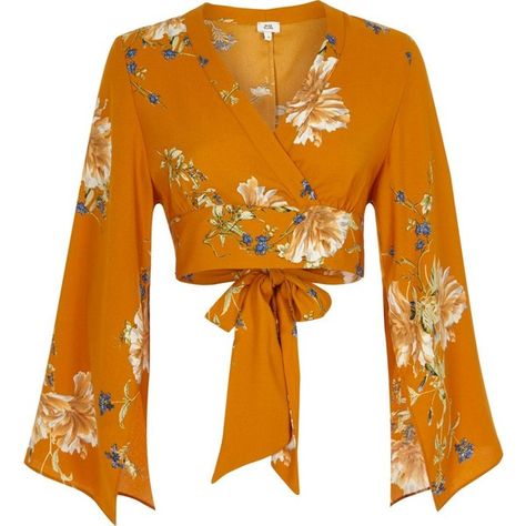 Orange floral wrap kimono sleeve crop top ($53) ❤ liked on Polyvore featuring tops, floral tops, long-sleeve crop tops, neck-tie, long tops and floral long tops Wrap Top Styles, Kimono Tops, Shirts Crop Tops, Bralet Tops, Mode Kimono, Shirts Crop, Crop Top Designs, Wrap Crop Tops, Indian Designer Outfits