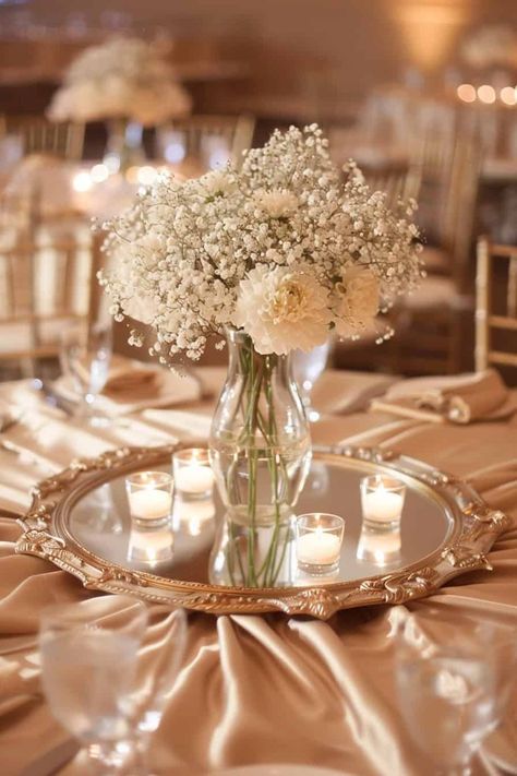 Baby's Breath Centerpieces, Baby's Breath Centerpiece, Wedding Centerpeices, Winter Engagement Party, Mirror Centerpiece, Blue Hydrangea Wedding, Hydrangeas Wedding, April Wedding, Baby Breath