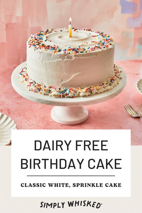 Birthdays can't be celebrated without cake, and this dairy free birthday cake is the ultimate white layer cake filled with rainbow sprinkle confetti and topped with a subtly sweet dairy free buttercream frosting. Smash Cake Dairy Free, Dairy Free White Cake Recipe, Dairy Free Smash Cake Frosting, Dairy Free Cakes Birthday, Dairy Free Confetti Cake, Dairy Free Birthday Cake Recipe, Lactose Free Birthday Cake, Dairy And Egg Free Cake, Dairy Free Funfetti Cake