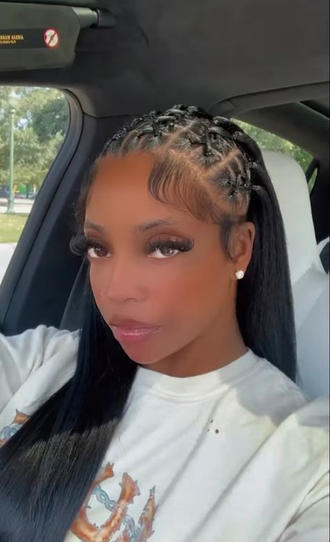 Half Criss Cross Half Sew In, Criss Cross Quickweave, Criss Cross Half Up Half Down Hair, Half Rubber Band Half Sew In, Homecoming Hairstyles For Black Women, Short Box Braids Hairstyles, Braiding Styles, Big Mama, Big Box Braids Hairstyles