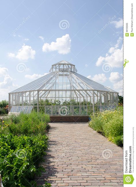 Photo about Large round greenhouse with path in foreground. Image of inside, botany, production - 99193565 Round Greenhouse, Conservatory Design, Conservatory Greenhouse, Greenhouse Cover, Landscape Design Drawings, Large Greenhouse, Event Hall, Water Fountains Outdoor, Apartment Architecture