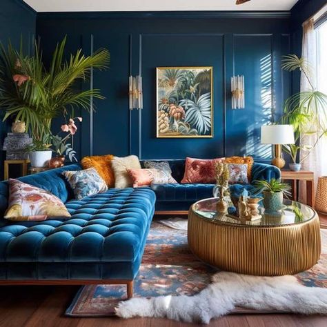 Sofa In Blue Colour, Velvet House Decor, Pillows For Blue Velvet Couch, Teal Sofa In Living Room, Teal Velvet Couch Living Room, Lounge Blue Sofa, Living Room Designs Teal Sofa, Teal Eclectic Living Room, Sofa Blue Velvet